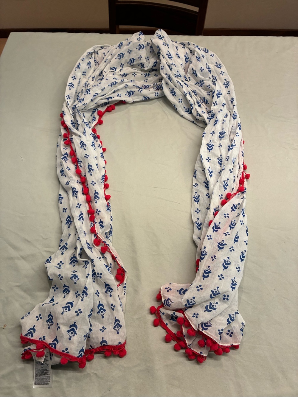 GAP White Scarf with Blue Floral Print and Red Pom Fringe